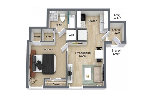 3D Floorplan of 1 Bedroom 1 Bath at Reserve at Temple Terrace, Florida, 33637